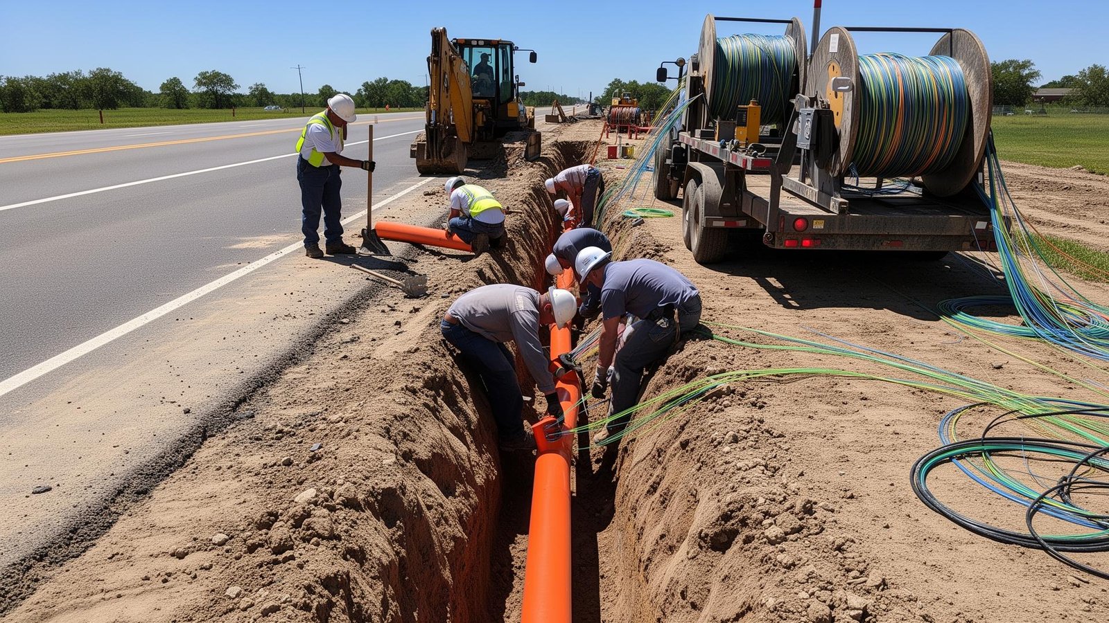 Fiber optic cable installation at golden hour